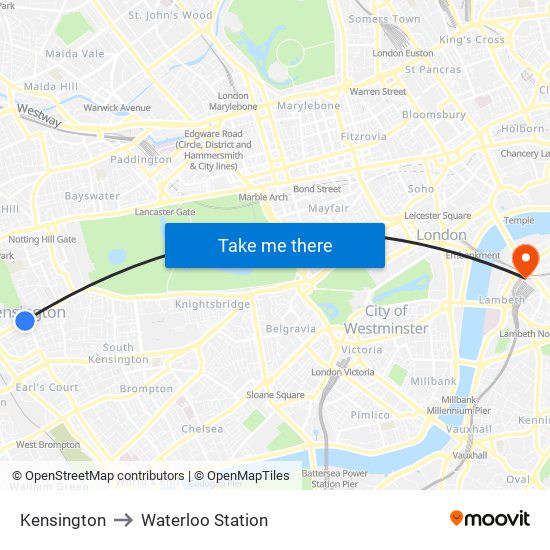 Kensington to Waterloo Station map