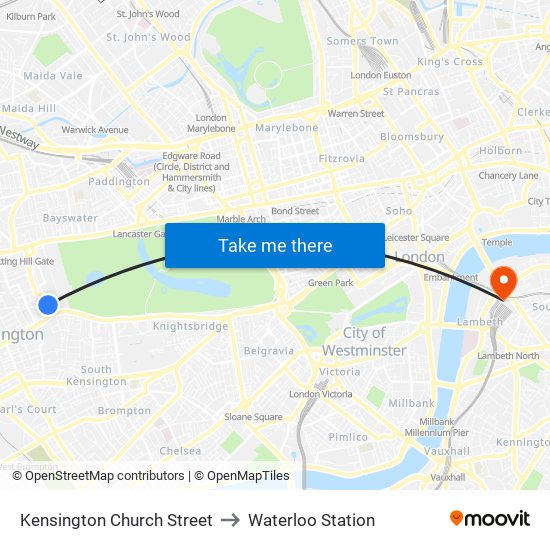 Kensington Church Street to Waterloo Station map