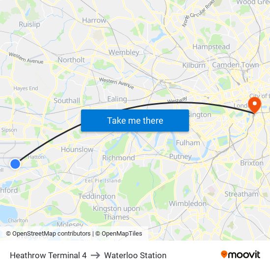 Heathrow Terminal 4 to Waterloo Station map