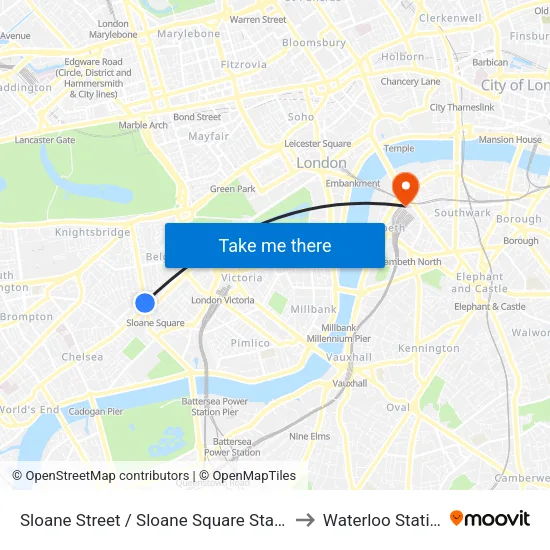 Sloane Street / Sloane Square Station to Waterloo Station map
