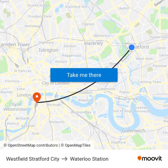 Westfield Stratford City to Waterloo Station map