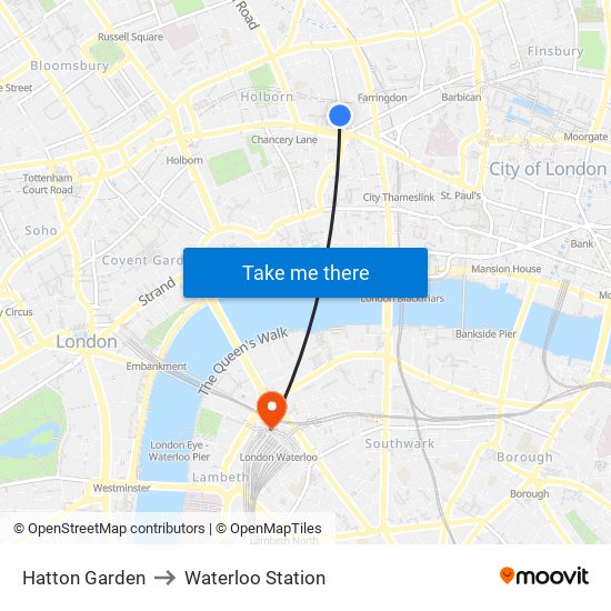Holborn, Hatton Garden to Waterloo Station map
