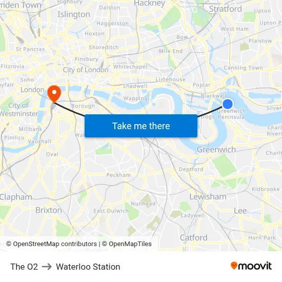 The O2 to Waterloo Station map