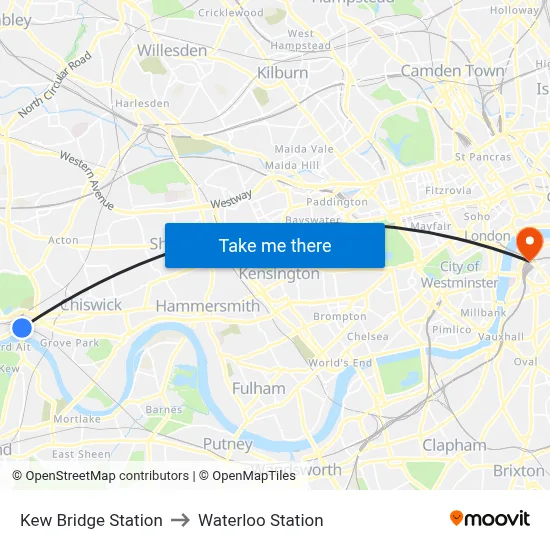 Kew Bridge Station to Waterloo Station map