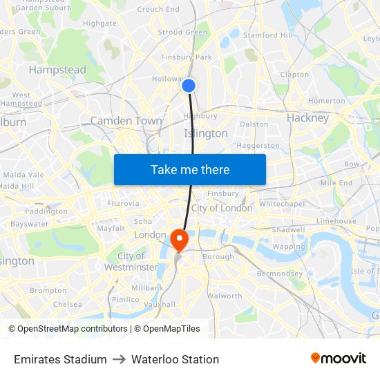 Emirates Stadium to Waterloo Station map