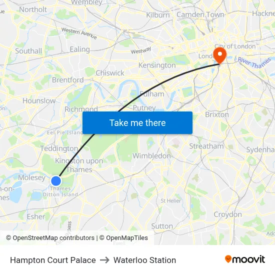 Hampton Court Palace to Waterloo Station map