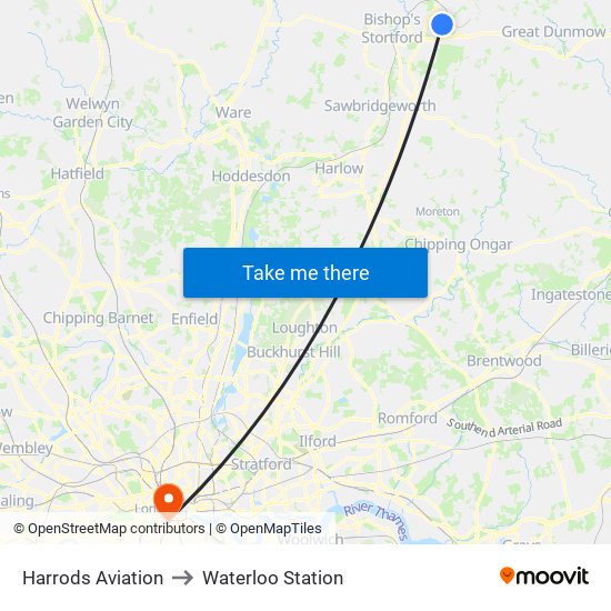 Harrods Aviation to Waterloo Station map