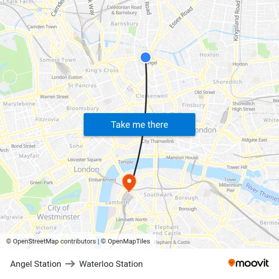 Angel Station to Waterloo Station map