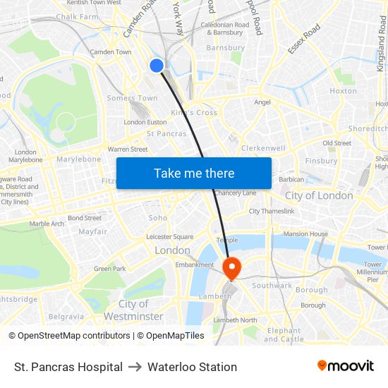 St. Pancras Hospital to Waterloo Station map