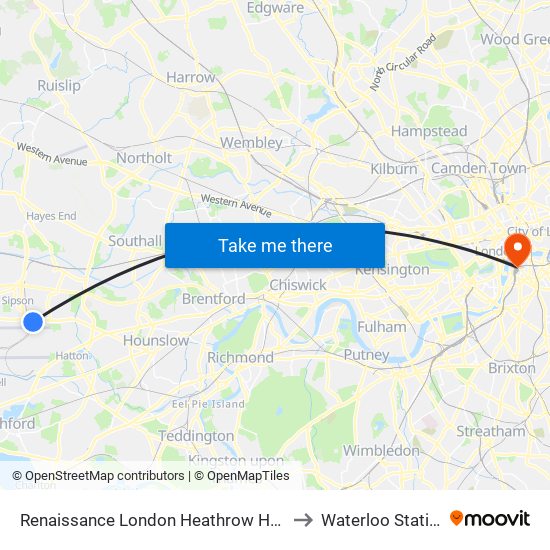 Renaissance London Heathrow Hotel to Waterloo Station map