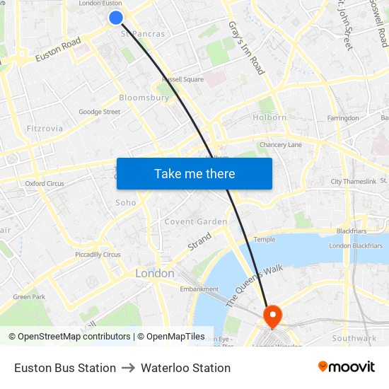 Euston Bus Station to Waterloo Station map