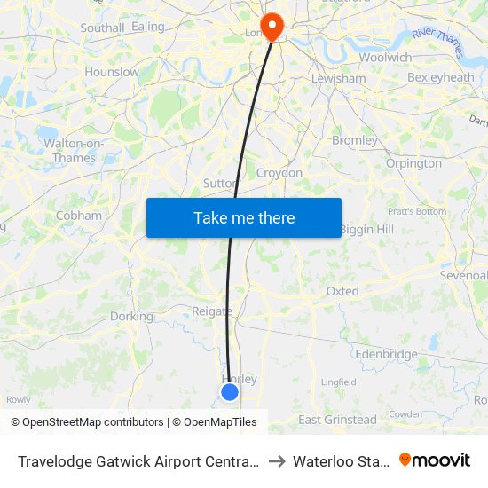 Travelodge Gatwick Airport Central Hotel to Waterloo Station map