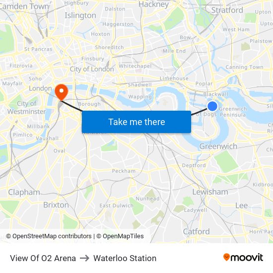 View Of O2 Arena to Waterloo Station map