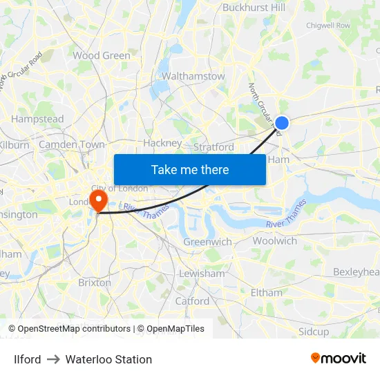 Ilford to Waterloo Station map