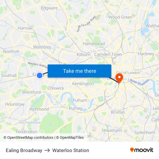 Ealing Broadway to Waterloo Station map