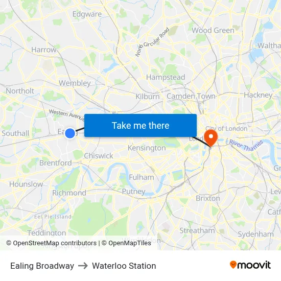 Ealing Broadway to Waterloo Station map