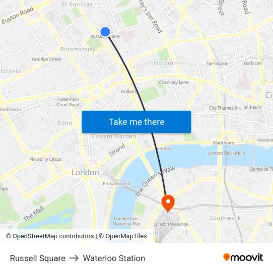 Russell Square to Waterloo Station map