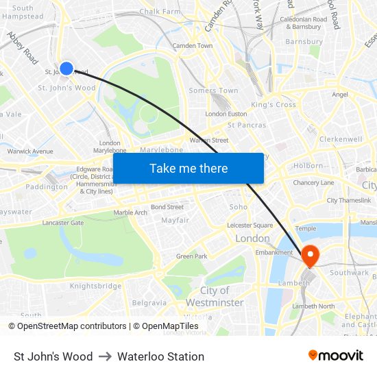 St John's Wood to Waterloo Station map