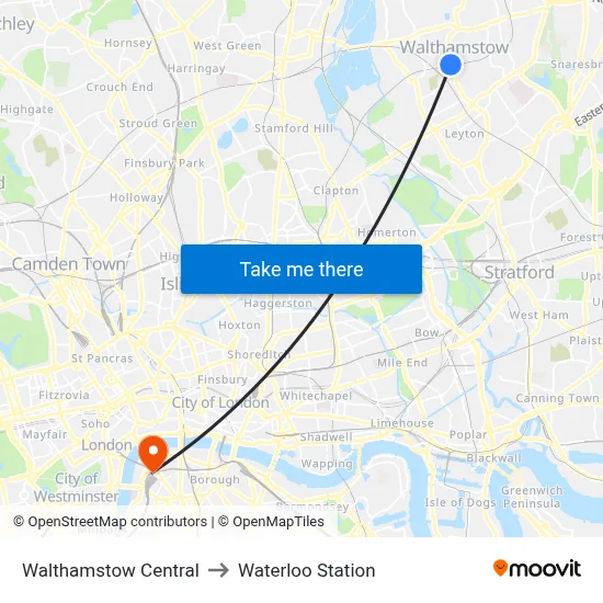 Walthamstow Central to Waterloo Station map