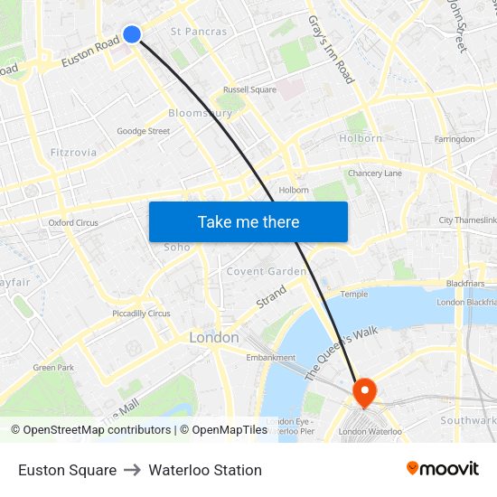 Euston Square to Waterloo Station map