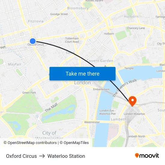 Oxford Circus to Waterloo Station map