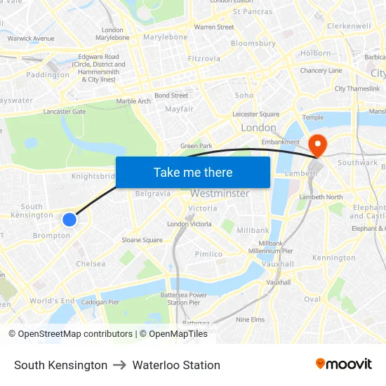 South Kensington to Waterloo Station map