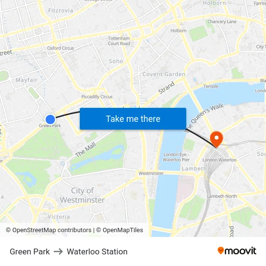 Green Park to Waterloo Station map