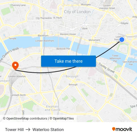 Tower Hill to Waterloo Station map