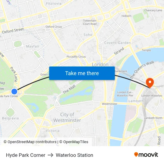 Hyde Park Corner to Waterloo Station map