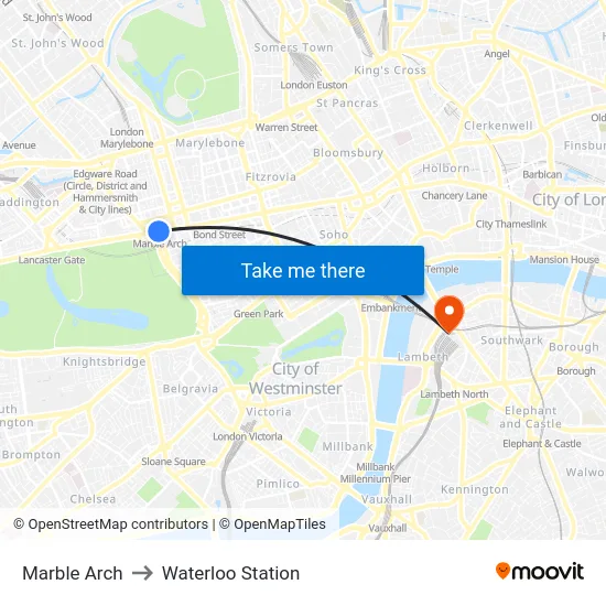 Marble Arch to Waterloo Station map