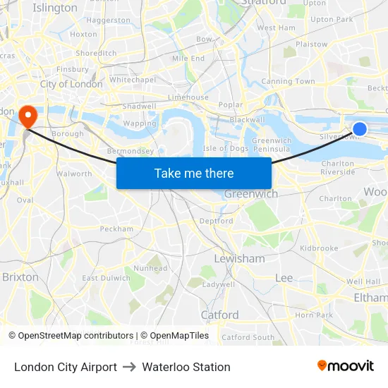 London City Airport to Waterloo Station map