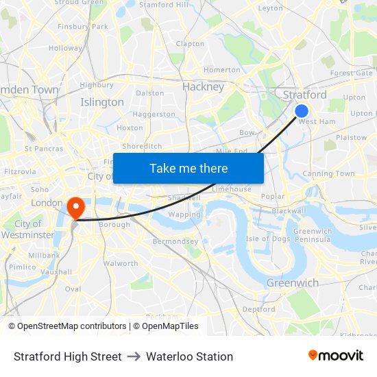 Stratford High Street to Waterloo Station map