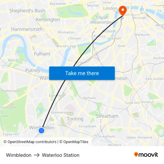 Wimbledon to Waterloo Station map