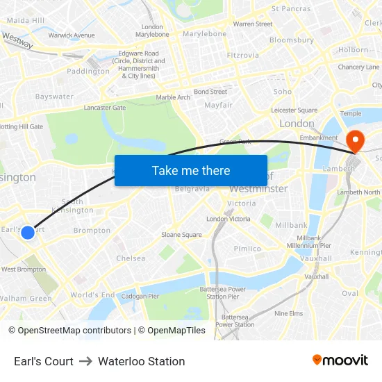 Earl's Court to Waterloo Station map