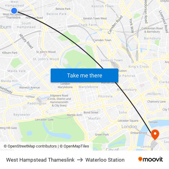 West Hampstead Thameslink to Waterloo Station map