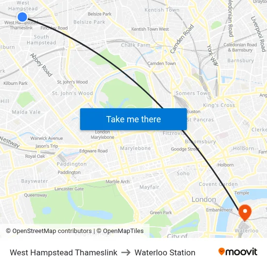 West Hampstead Thameslink to Waterloo Station map
