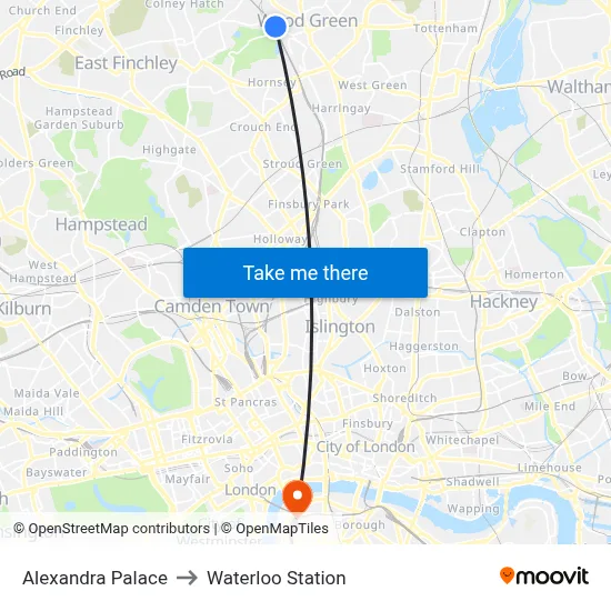 Alexandra Palace to Waterloo Station map