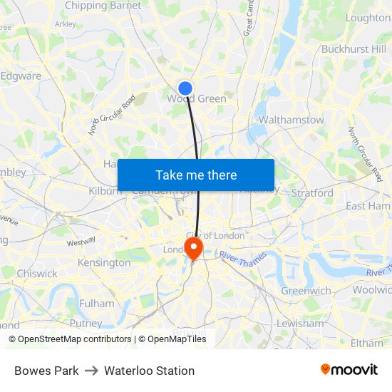 Bowes Park to Waterloo Station map