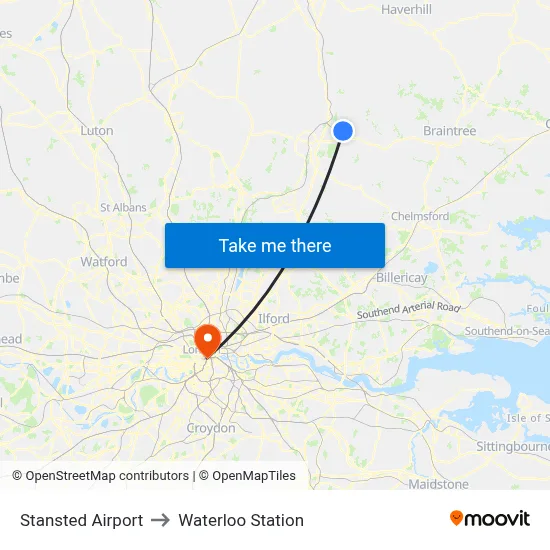 Stansted Airport to Waterloo Station map