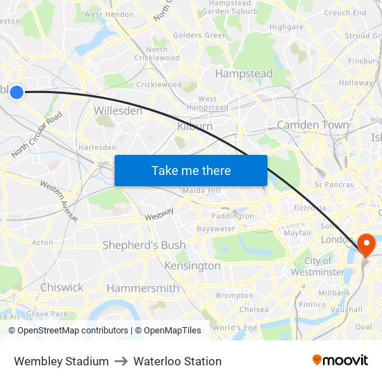 Wembley Stadium to Waterloo Station map