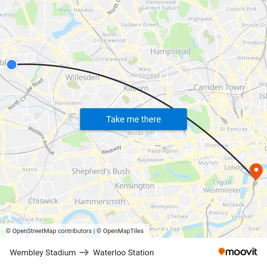 Wembley Stadium to Waterloo Station map