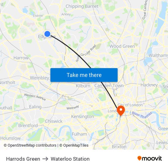 Harrods Green to Waterloo Station map