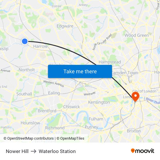 Nower Hill to Waterloo Station map