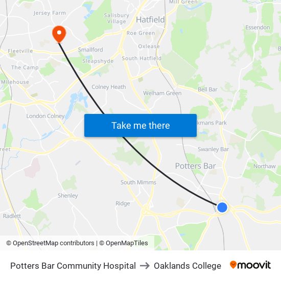 Potters Bar Community Hospital to Oaklands College map