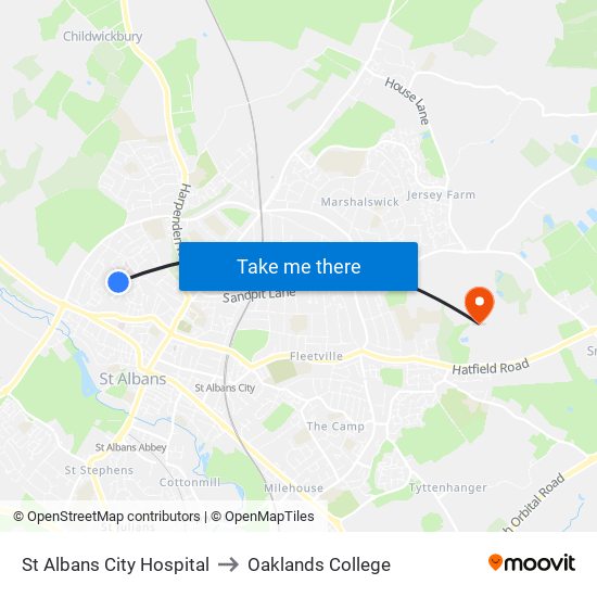 St Albans City Hospital to Oaklands College map