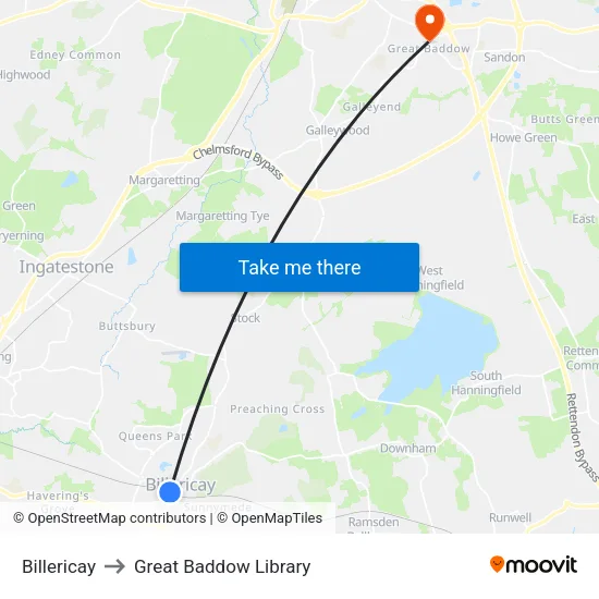 Billericay to Great Baddow Library map