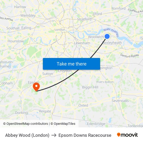 Abbey Wood (London) to Epsom Downs Racecourse map