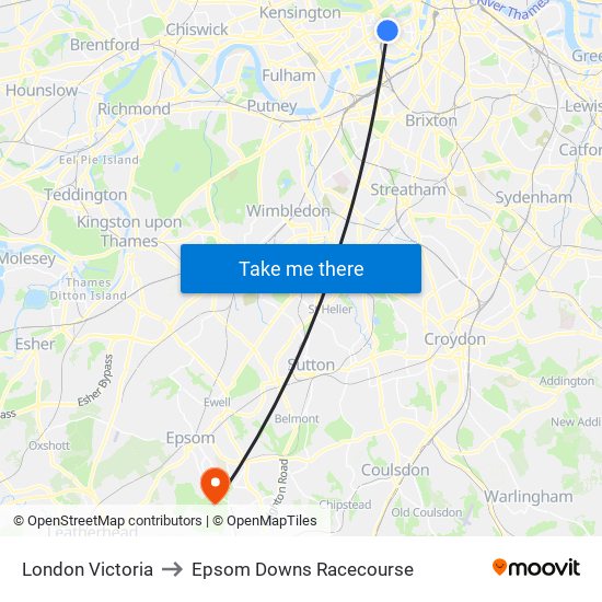 London Victoria to Epsom Downs Racecourse map