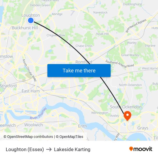 Loughton (Essex) to Lakeside Karting map