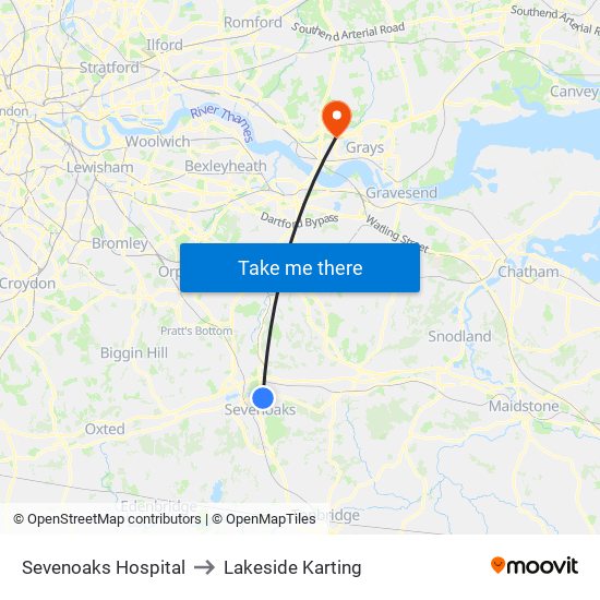 Sevenoaks Hospital to Lakeside Karting map